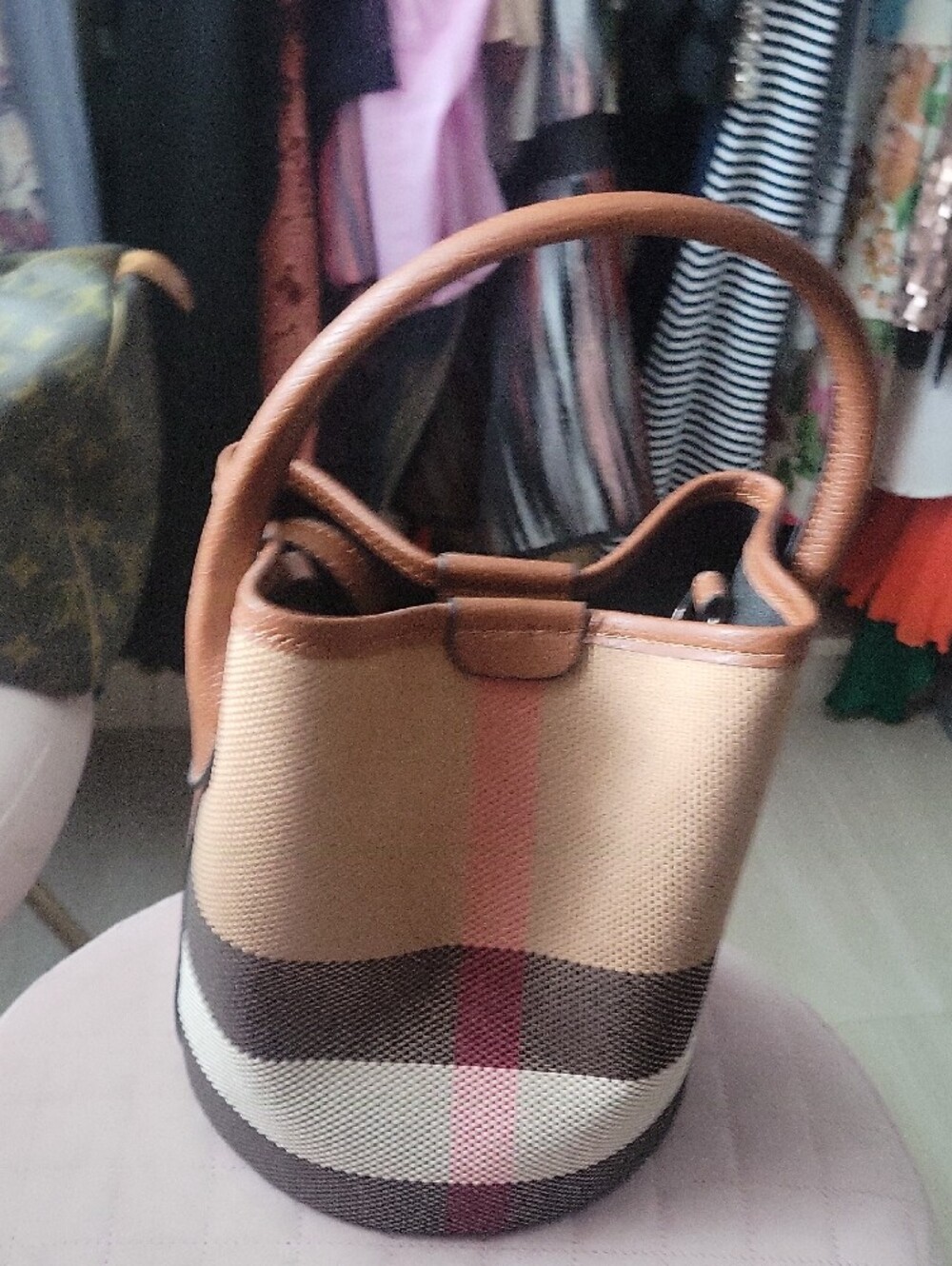 Structured Bucket Tote Bag in Brown and Cream - Classic Stripes